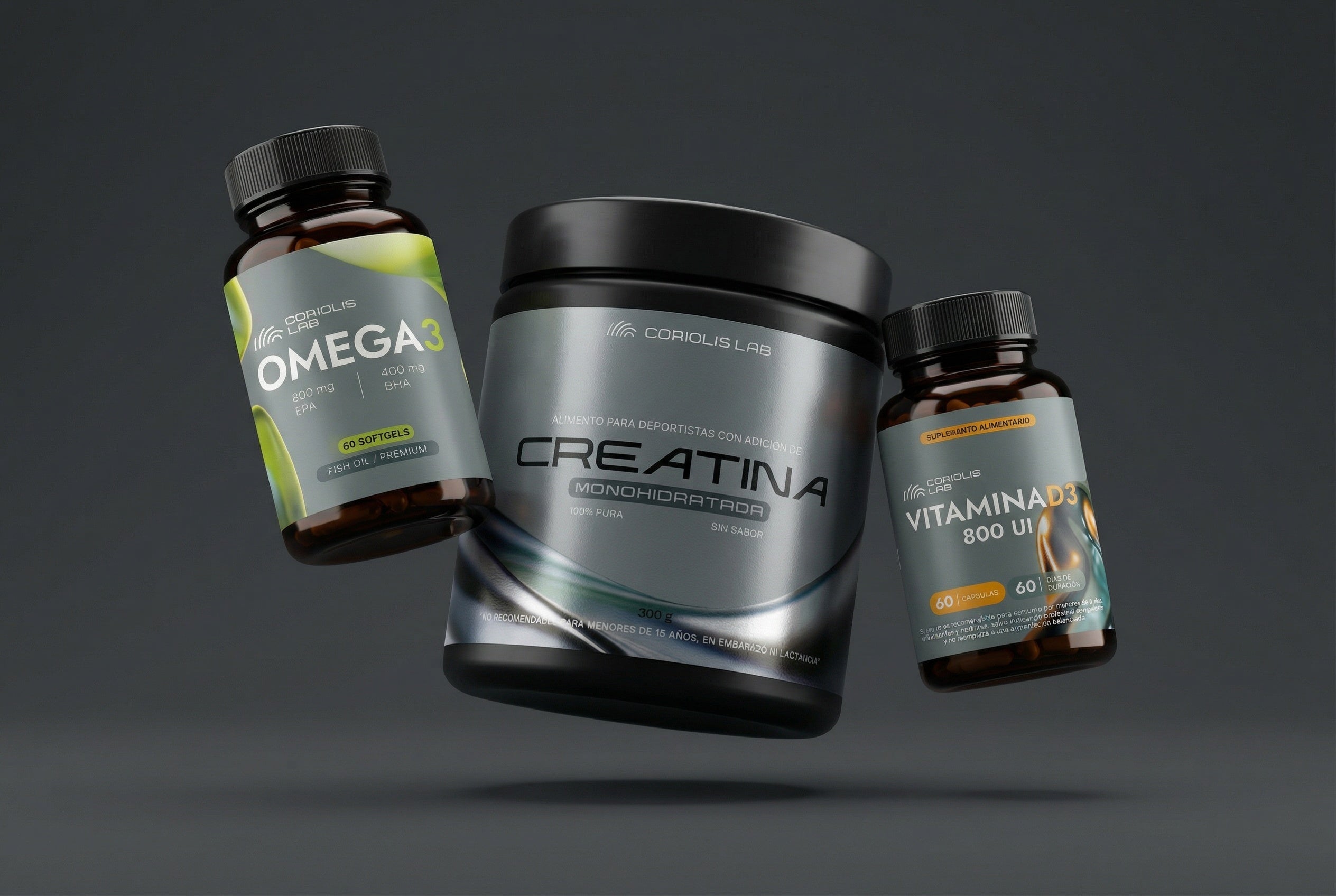 En la imagen se muestran Creatina, Vitamina D3 y Omega 3, de Coriolis Lab.